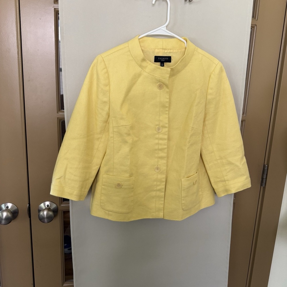 Talbots Womens 14P Petites Yellow 3/4 Sleeve Collarless Blazer 100% Linen Pocket